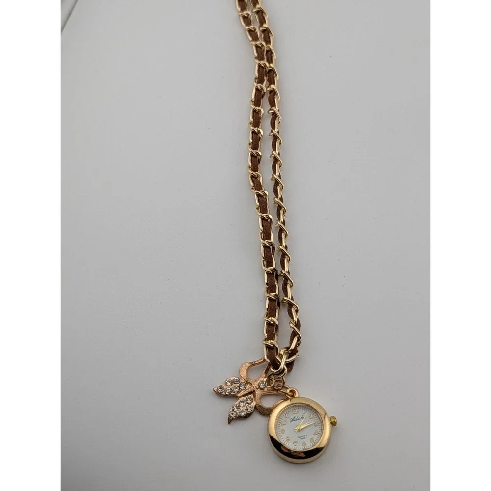 Ailisha Pendant Watch w/ Butterfly Charm 23mm Case Brown/Gold- New Battery